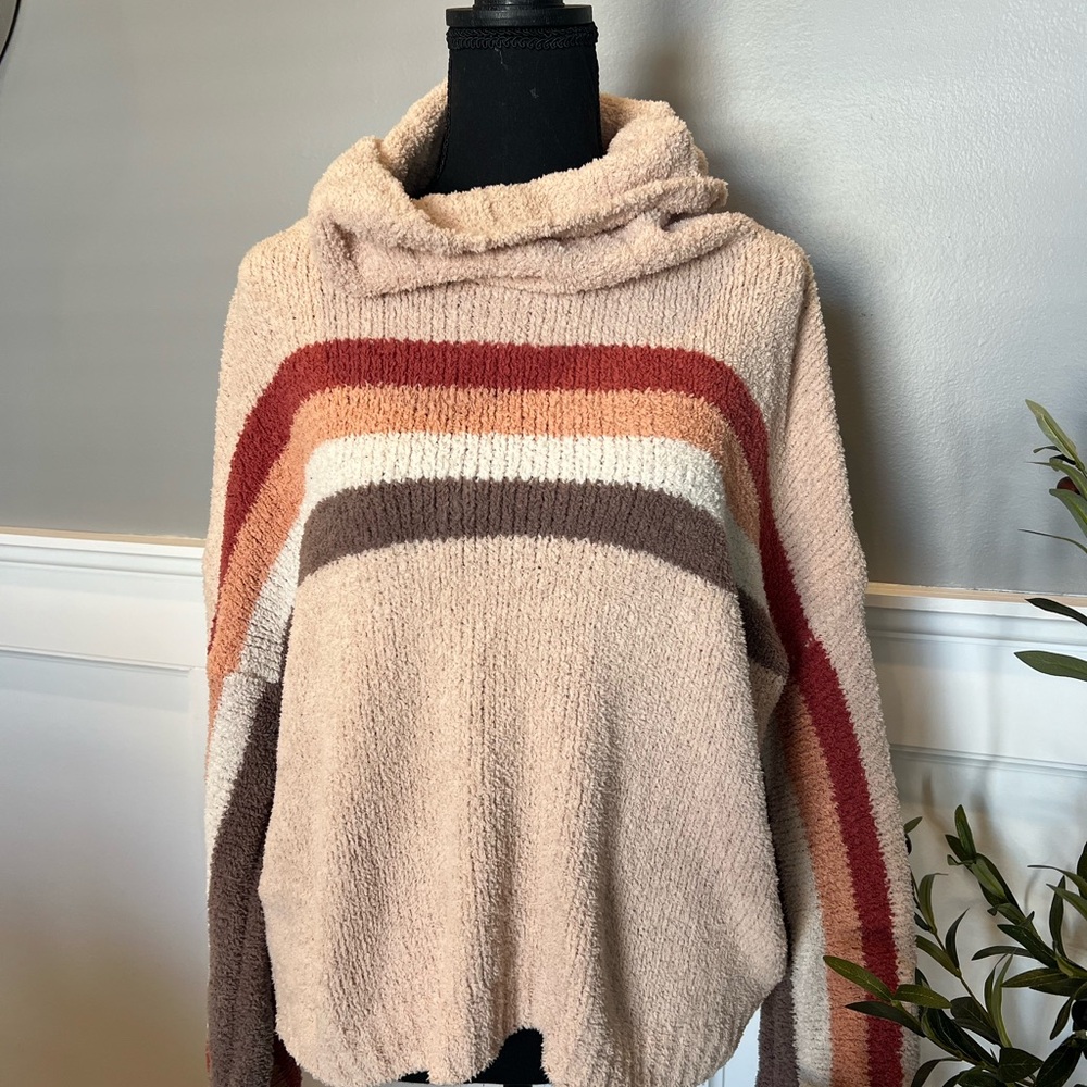 Cozy Striped Hooded Sweater - Cream, Red, and Brown